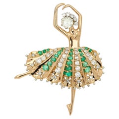 Vintage Ballerina Gold Brooch Impressive 18k Gold Diamonds & Emerald