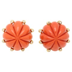 Vintage Carved Coral Earrings Clips 18k Gold