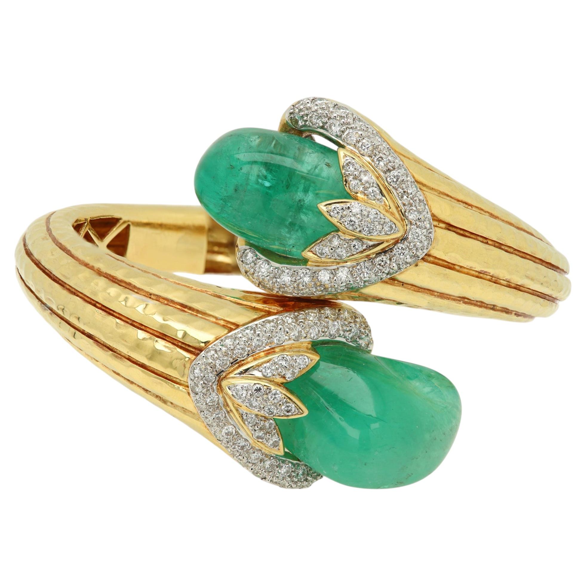 Fancy Emerald Bypass Bracelet Bangle 18k Yellow Gold