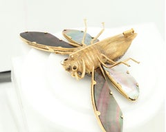 Art Nouveau Cicada Brooch 18k Gold Very Large Pin Boulder Opal & Plique-à-jour