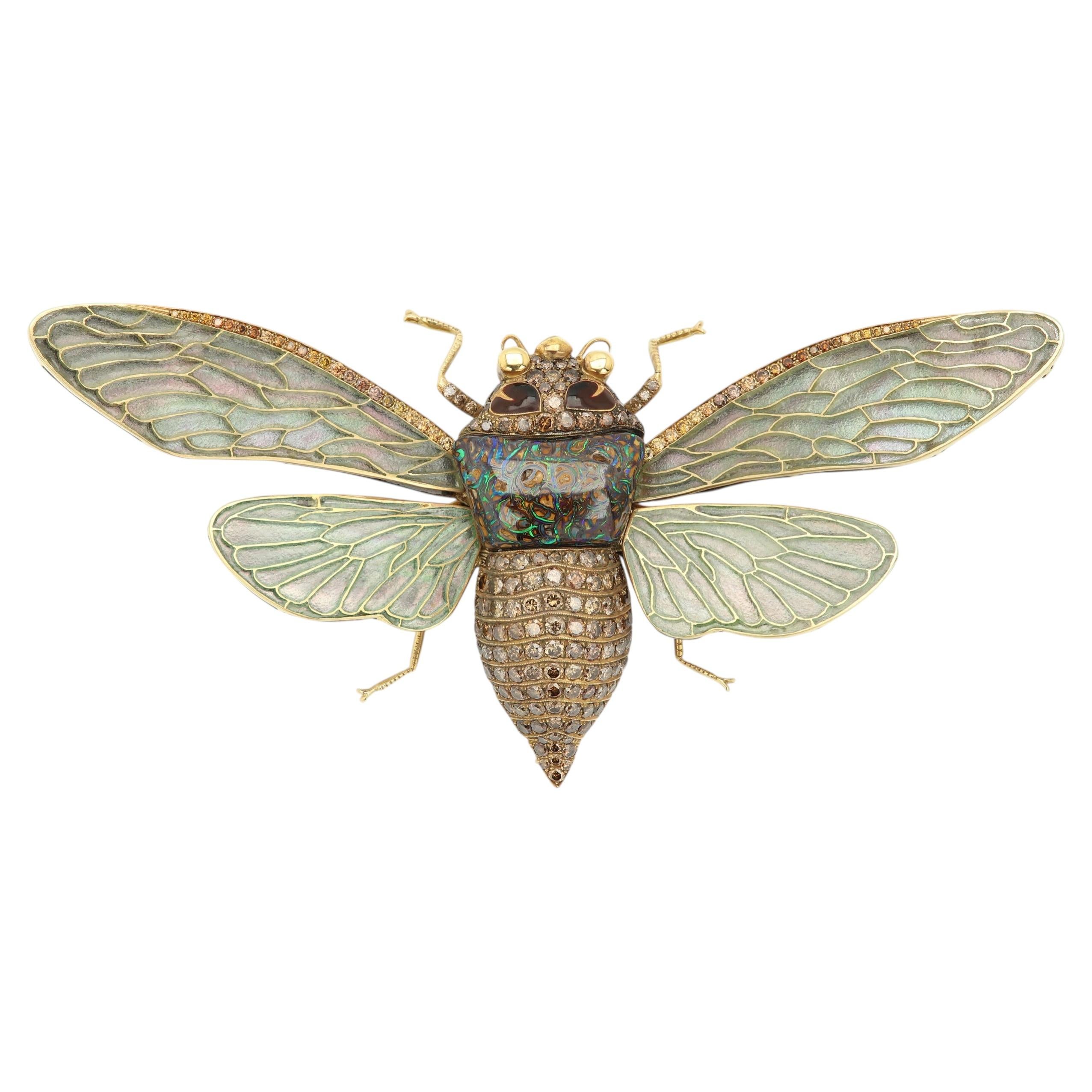 Broche de Art Nouveau con forma de cigarra, de oro de 18 quilates, muy grande, con ópalo boulder y plique-à-jour