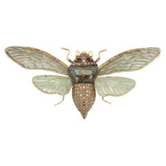 Art Nouveau Cicada Brooch 18k Gold Very Large Pin Boulder Opal & Plique-à-jour