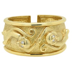 Vintage Monkey Cuff Repoussé Bracelet 18k Yellow Gold Zodiac Year of the