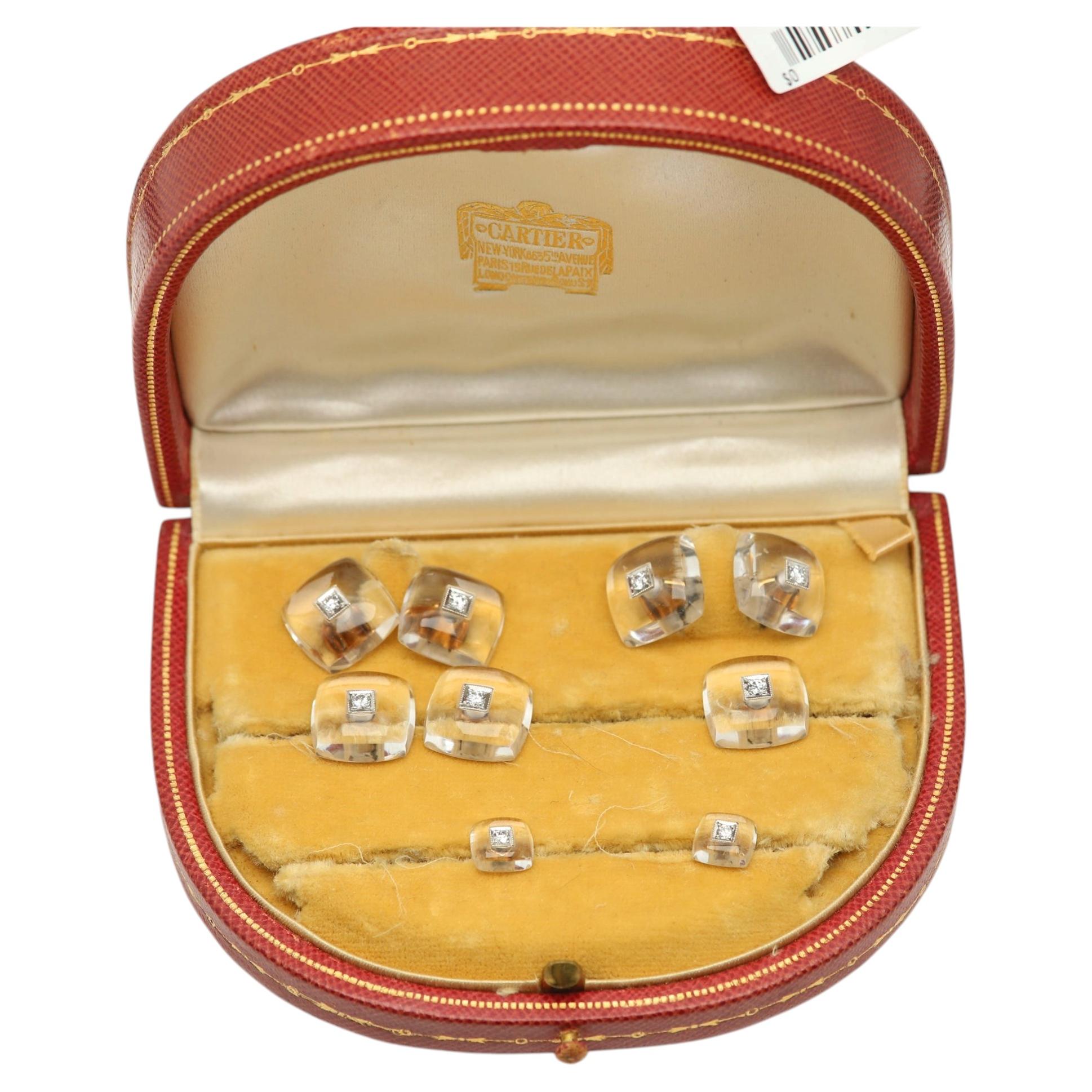 Cartier 18k Gold Men's Crystal & Diamonds Cufflinks Dress Set 18k Gold Vintage