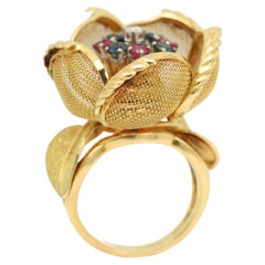 Bague vintage en forme de rose, datant des années 1940, en or jaune 18 carats, fabriquée en France