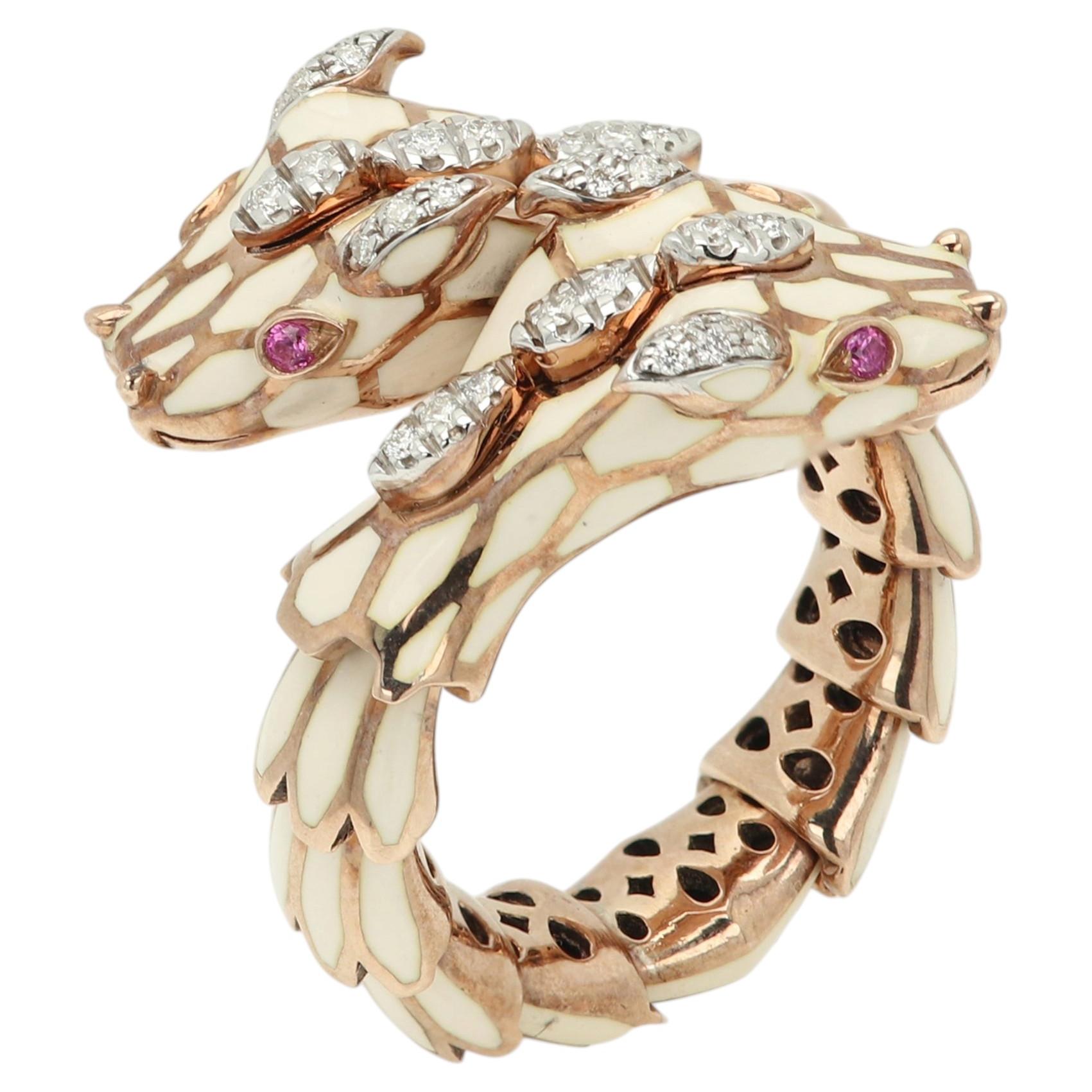 Alexis New York Snake Flexible Wrap Ring Silver Gold Enamel Diamond and Ruby