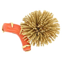 Tiffany & Co Sea Urchin Brooch Vintage 18k Yellow Gold Pin with Coral