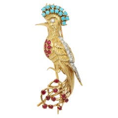 Cartier Paris 18k Gold Bird Brooch Pin Diamonds Ruby and Turquoise