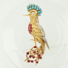 Cartier Paris 18k Gold Bird Brooch Pin Diamonds Ruby and Turquoise