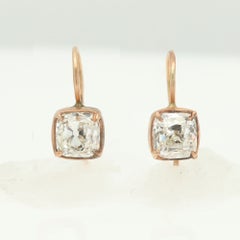 Old Cut Cushion Diamond Earrings 2.20 carat 14k Rose Gold Vintage Antique