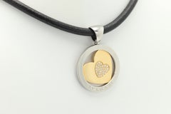 Bulgari Tondo Diamond Heart Pendant Leather Necklace 18k Gold and Steel