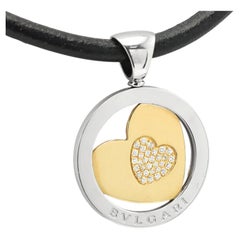 Bulgari Tondo Diamond Heart Pendant Leather Necklace 18k Gold and Steel