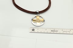 Bulgari Tondo Large Cross Pendant Leather Necklace 18k Gold and Steel