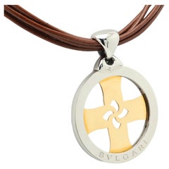 Bulgari Tondo Large Cross Pendant Leather Necklace 18k Gold and Steel