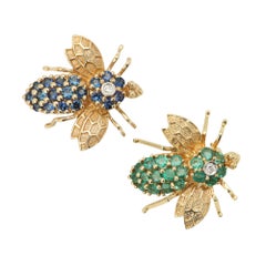 Set of 2 Bee Brooches Pin Pendant 14k Yellow Gold Emerald Blue Sapphire