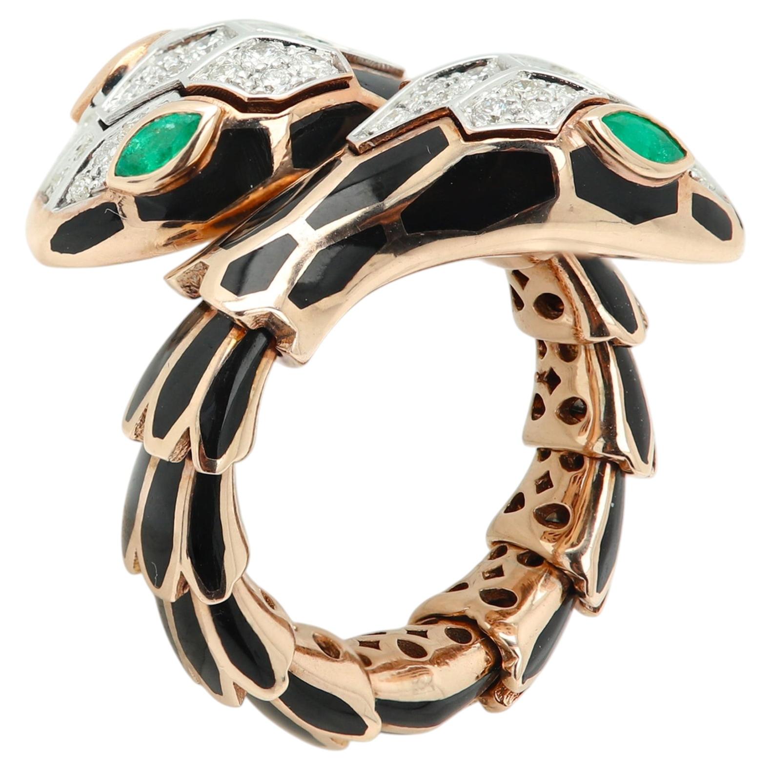 Alexis NY Snake Ring Flexible Silver & 18k Gold Black Enamel Diamond and Emerald For Sale