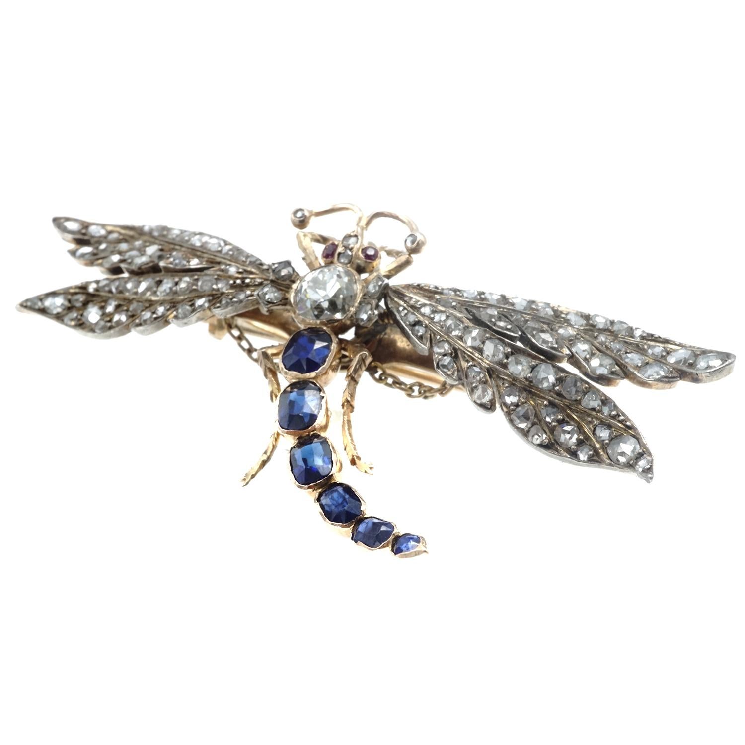 Victorian Diamond and Sapphire Gold Dragonfly Brooch 2