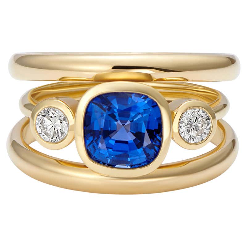 Cushion Cut Yellow Sri Lankan Sapphire and Diamond 3-Band Ring For Sale ...