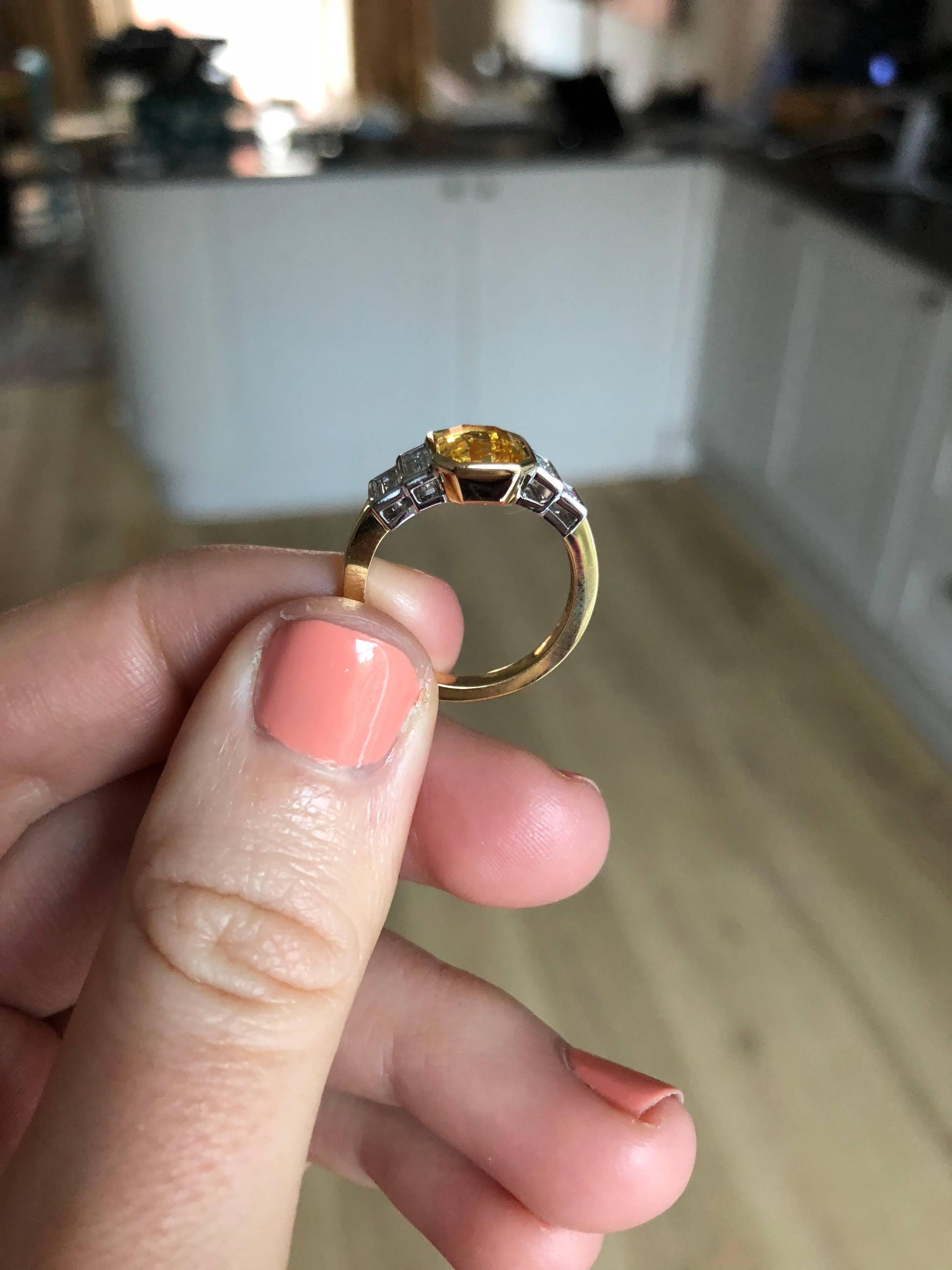 Art Deco Sri Lankan No Heat Yellow Sapphire Baguette White Diamond Engagement Ring For Sale