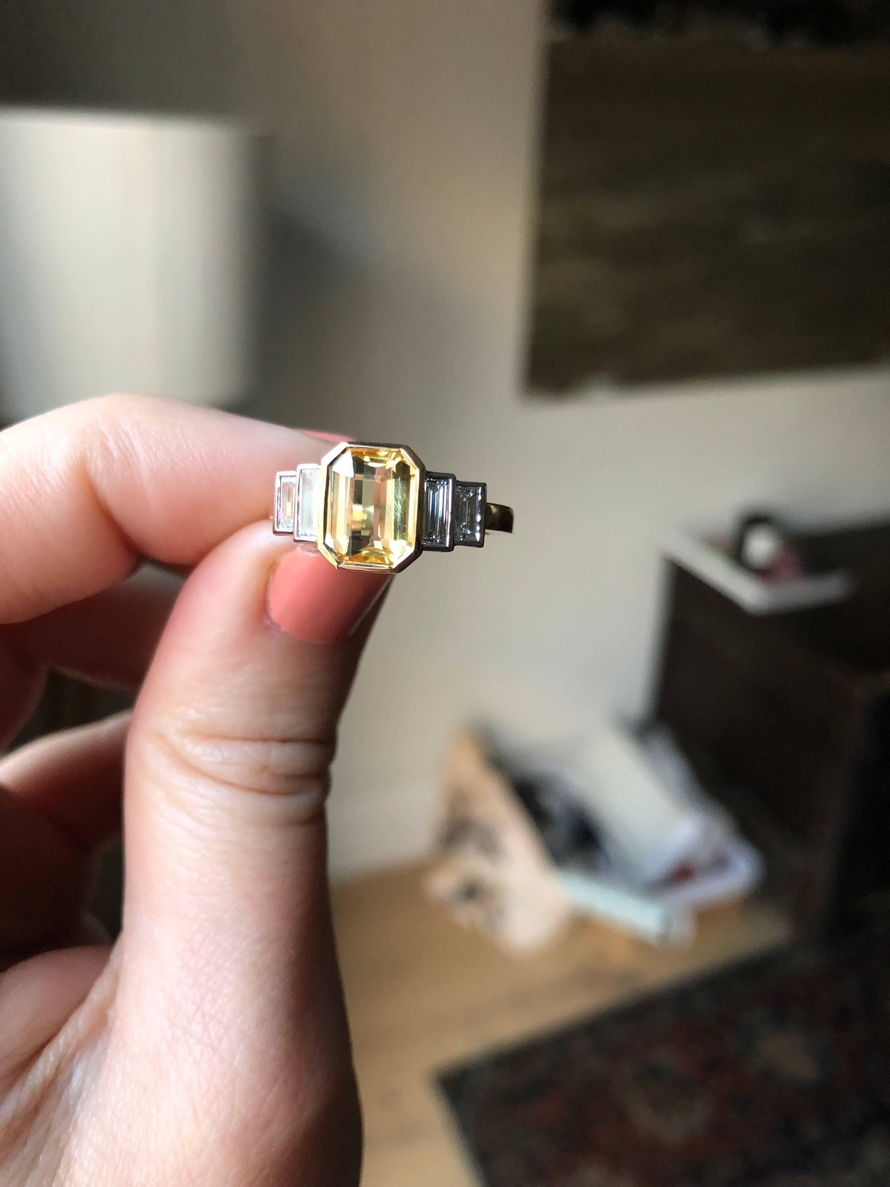 Emerald Cut Sri Lankan No Heat Yellow Sapphire Baguette White Diamond Engagement Ring For Sale