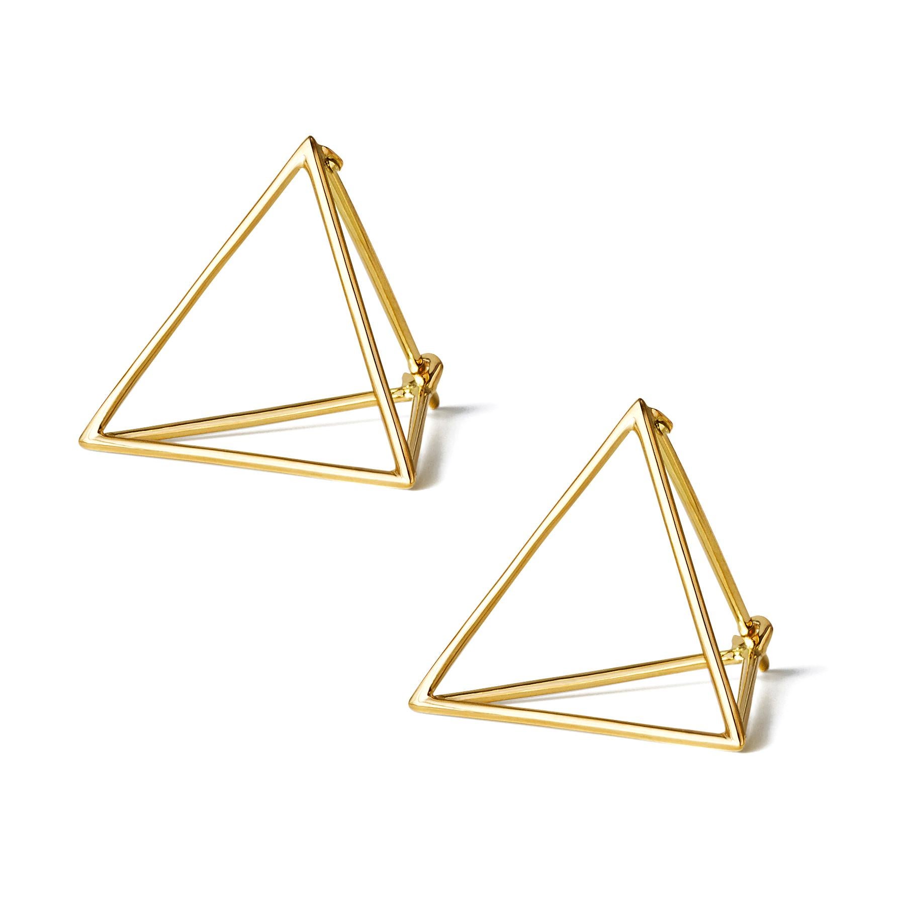 Women's or Men's 18 Karat Yellow Gold Triangle Pair Earrings For Sale
