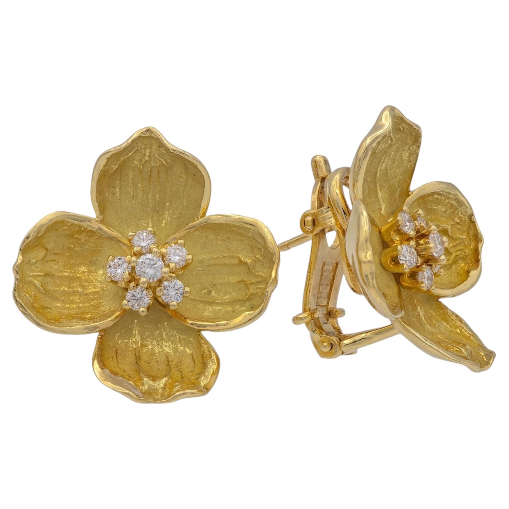 Vintage Tiffany & Co. 18K Gold and Diamond Dogwood Flower Clip Earrings