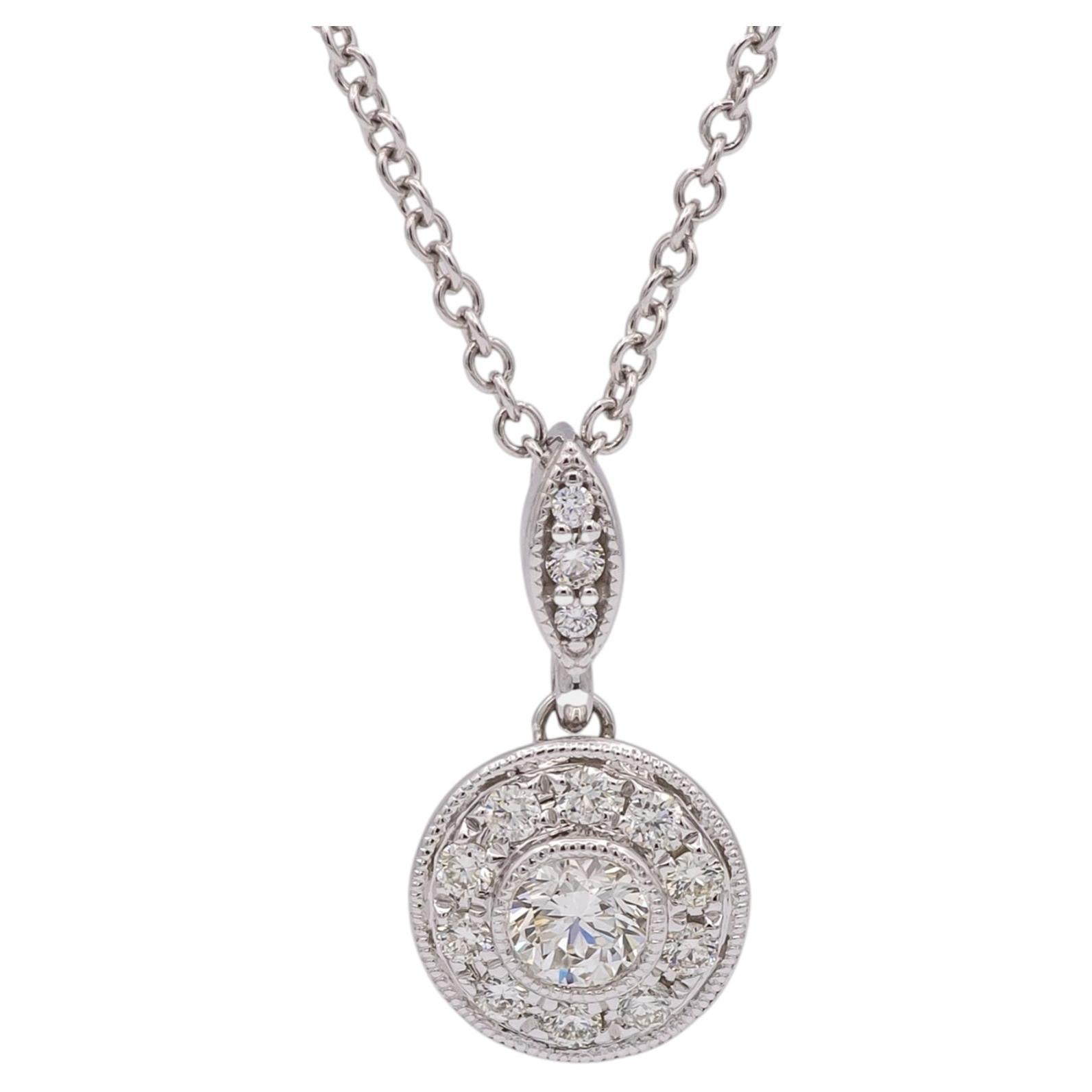 MillGrain Circle Bezel Halo 18k White Gold Diamond .39Cts Total Pendant Necklace For Sale