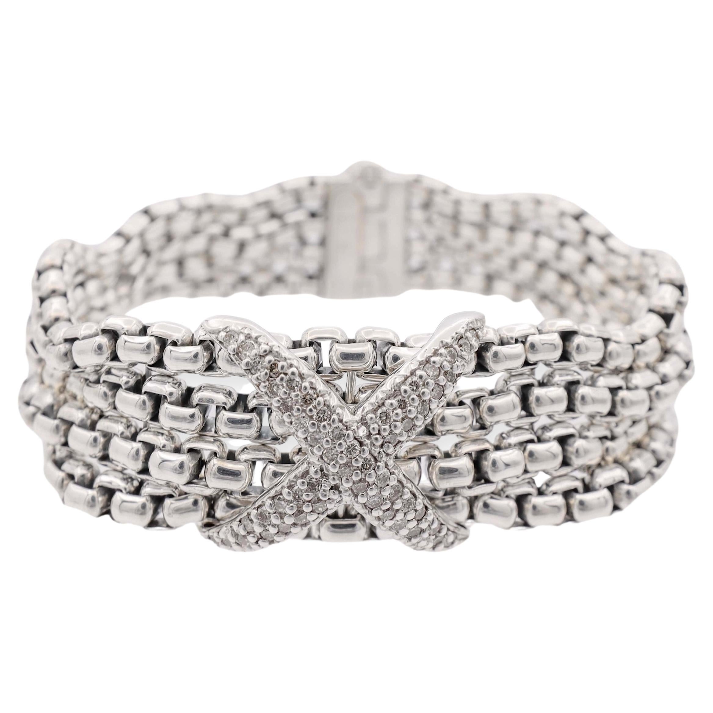 David Yurman Sterling Silver Four Row Diamond X Chain Bracelet 