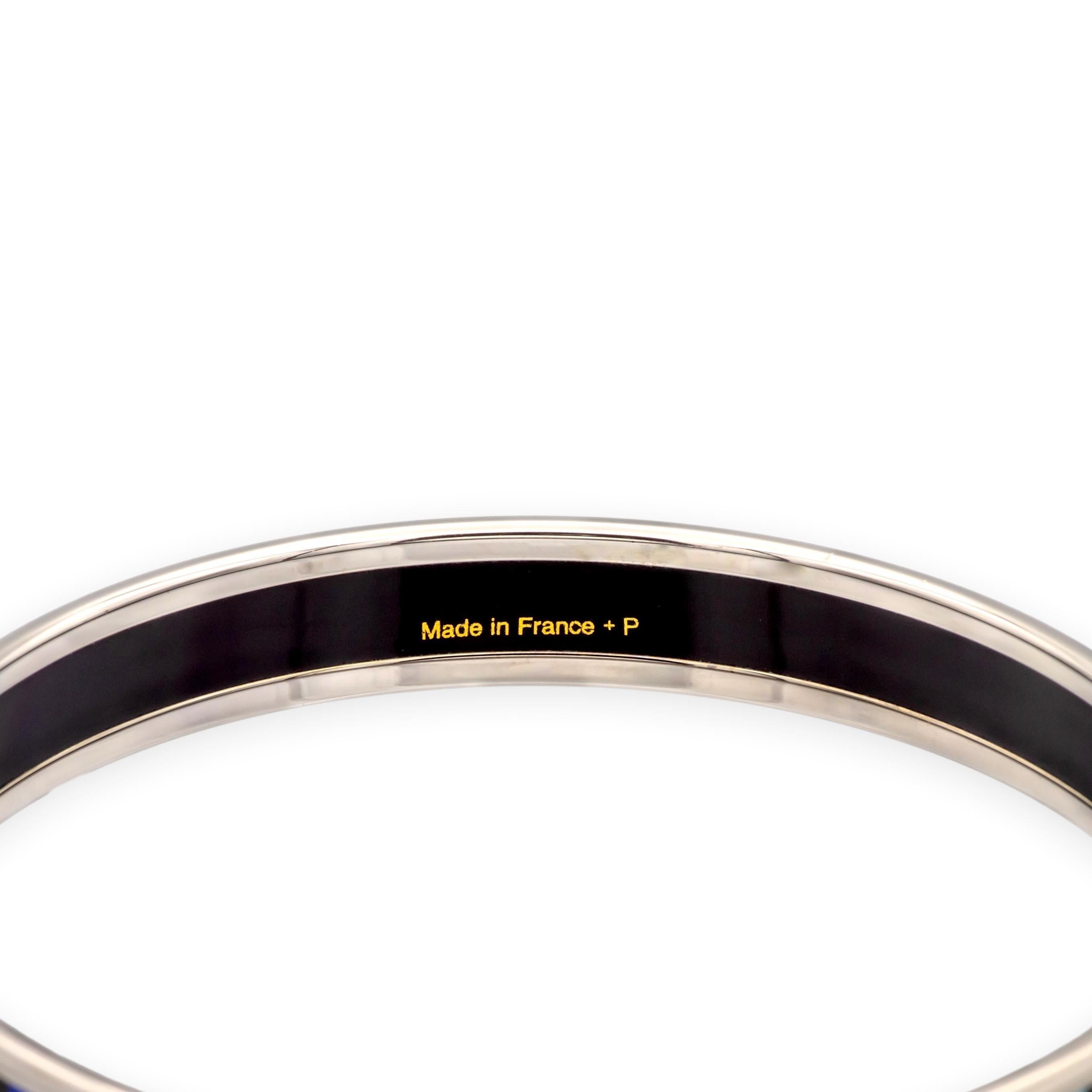 Hermès Blue Enamel Palladiam Plated Bangle Narrow Bracelet Large Size In Good Condition For Sale In New York, NY