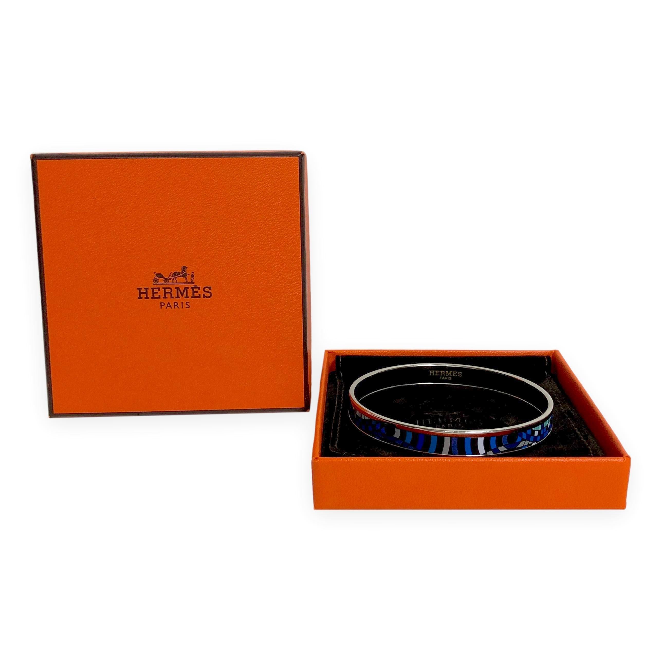Hermès Blue Enamel Palladiam Plated Bangle Narrow Bracelet Large Size For Sale 1