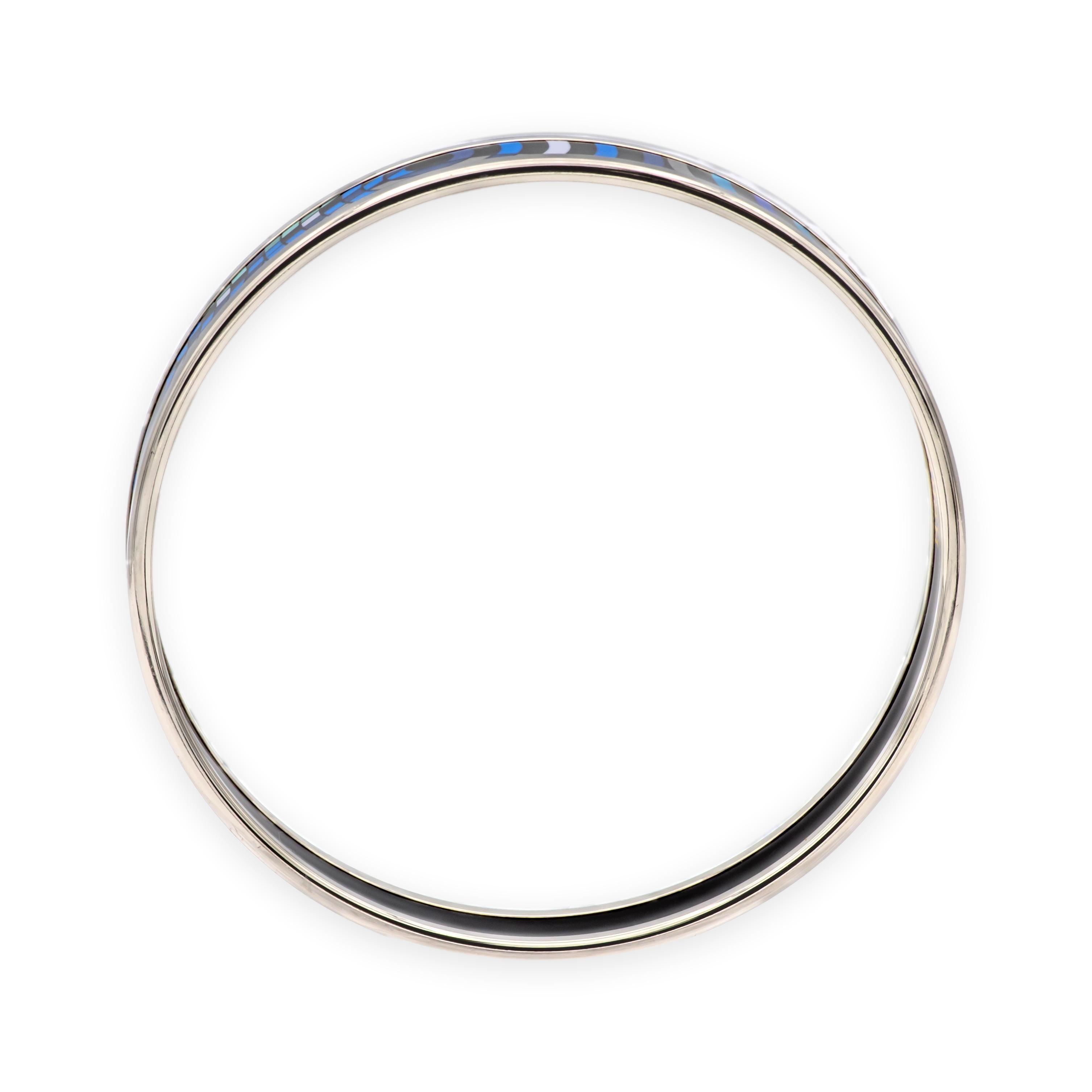 Women's Hermès Blue Enamel Palladiam Plated Bangle Narrow Bracelet Large Size For Sale