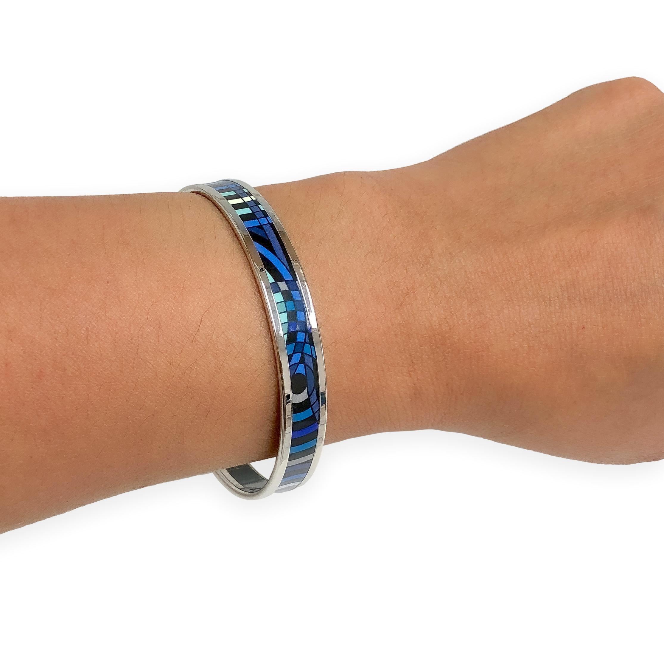 Hermès Blue Enamel Palladiam Plated Bangle Narrow Bracelet Large Size For Sale 2