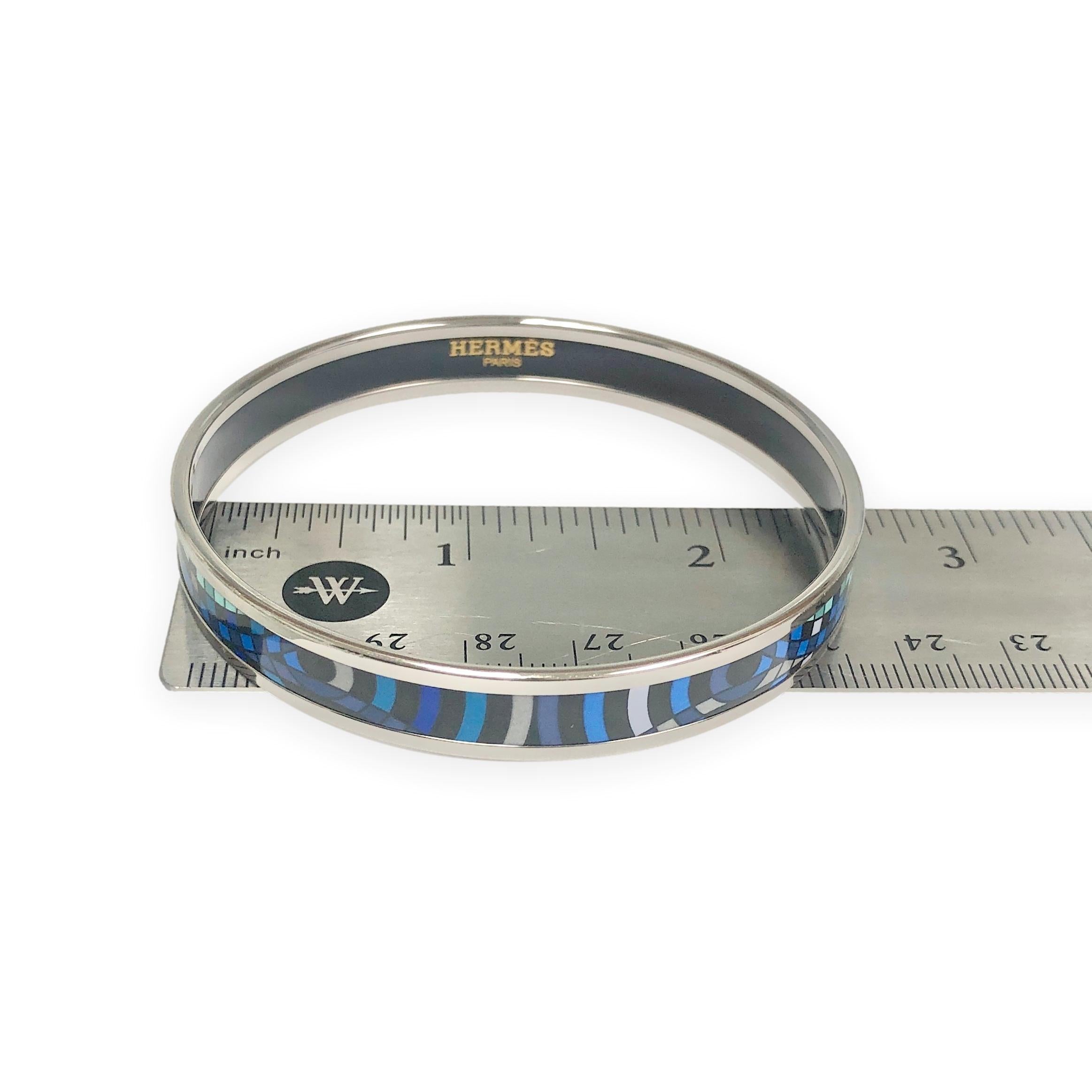 Hermès Blue Enamel Palladiam Plated Bangle Narrow Bracelet Large Size For Sale 3