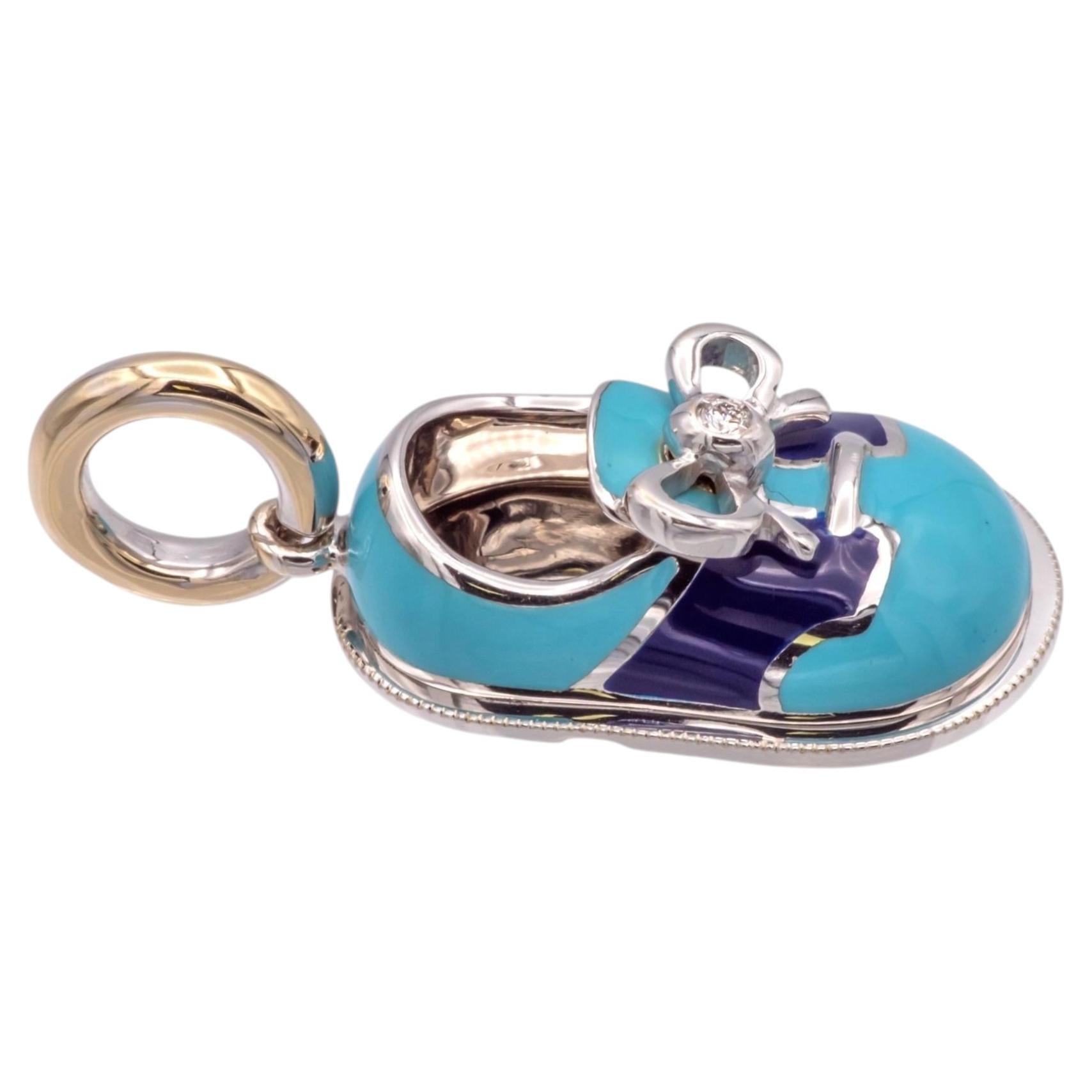 Pre-owned Aaron Basha 18k White Gold Blue Enamel And Diamond Shoe Charm