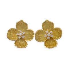 Vintage Tiffany & Co. 18K Gold and Diamond Dogwood Flower Clip Earrings