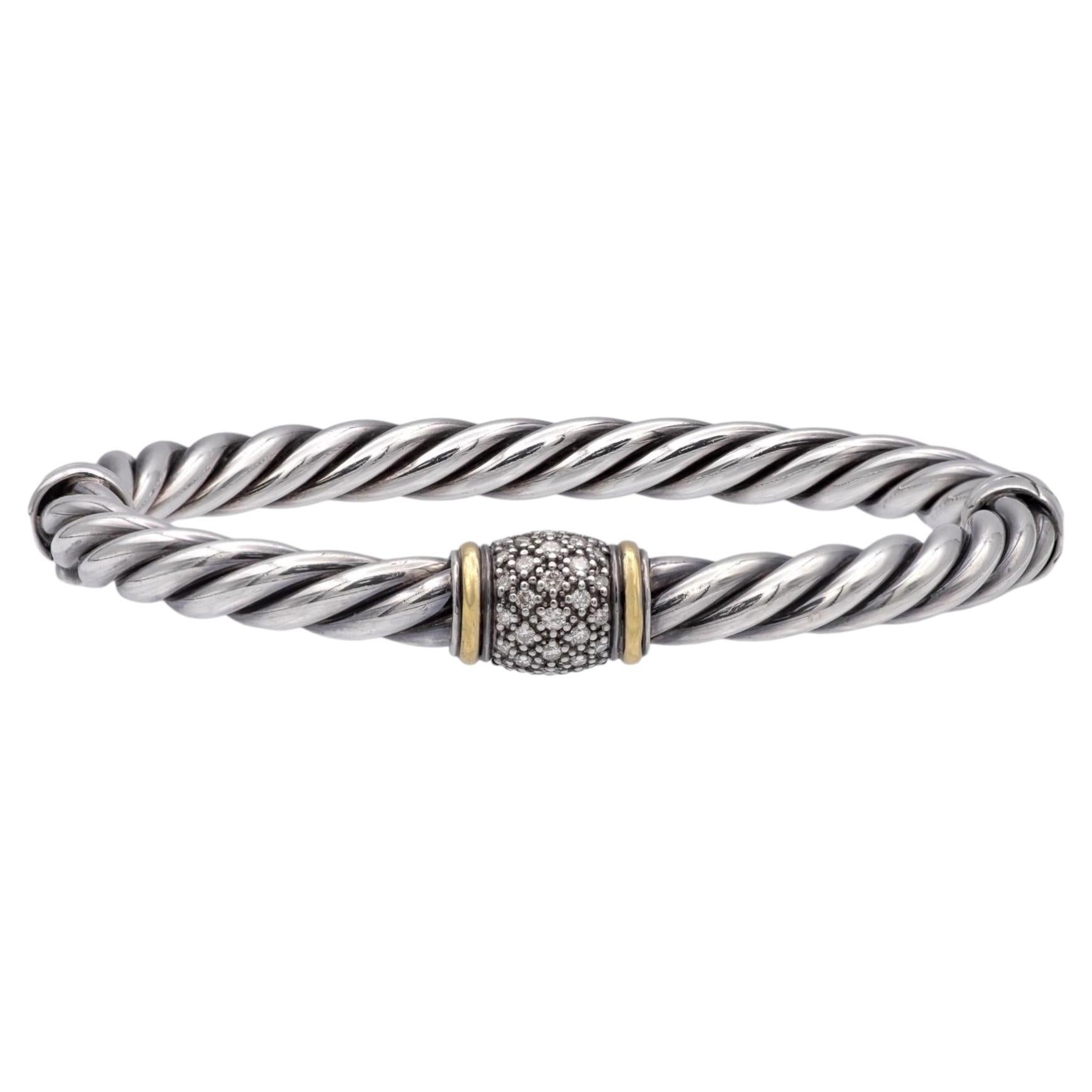David Yurman Metro Silver 18K Cable Pavé Diamond Station Bracelet 6mm - Small