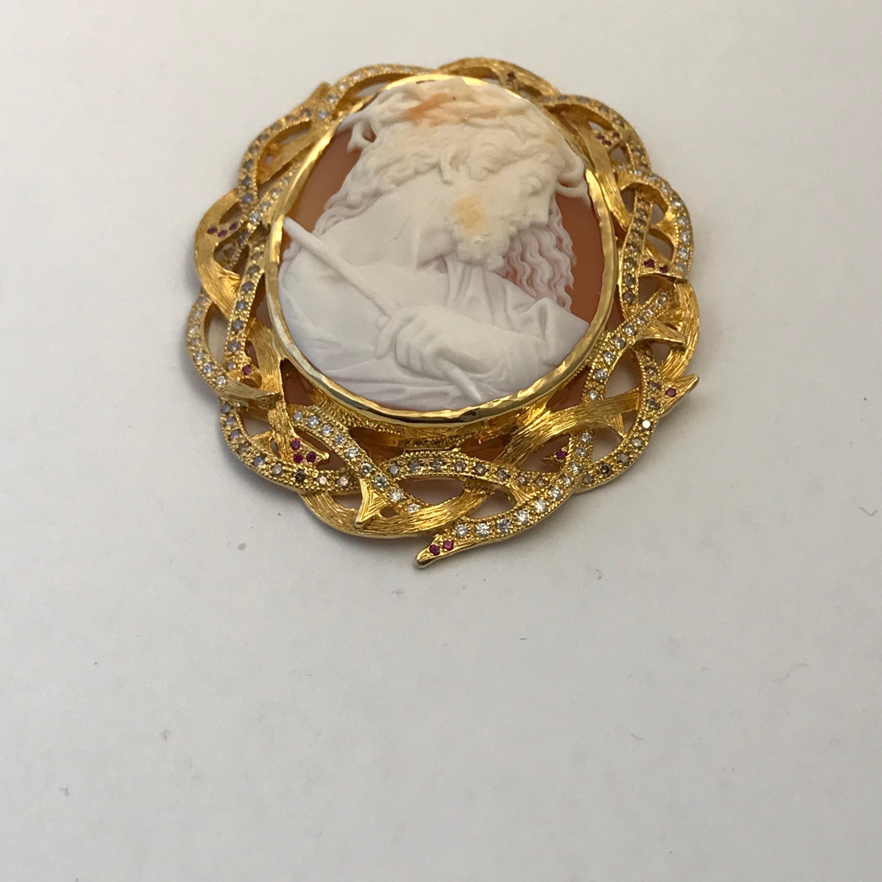 Cameo 1890s Jesus Set in 14 Karat Gold with Diamonds, Rubies and Brown Diamonds In New Condition For Sale In Austin, TX