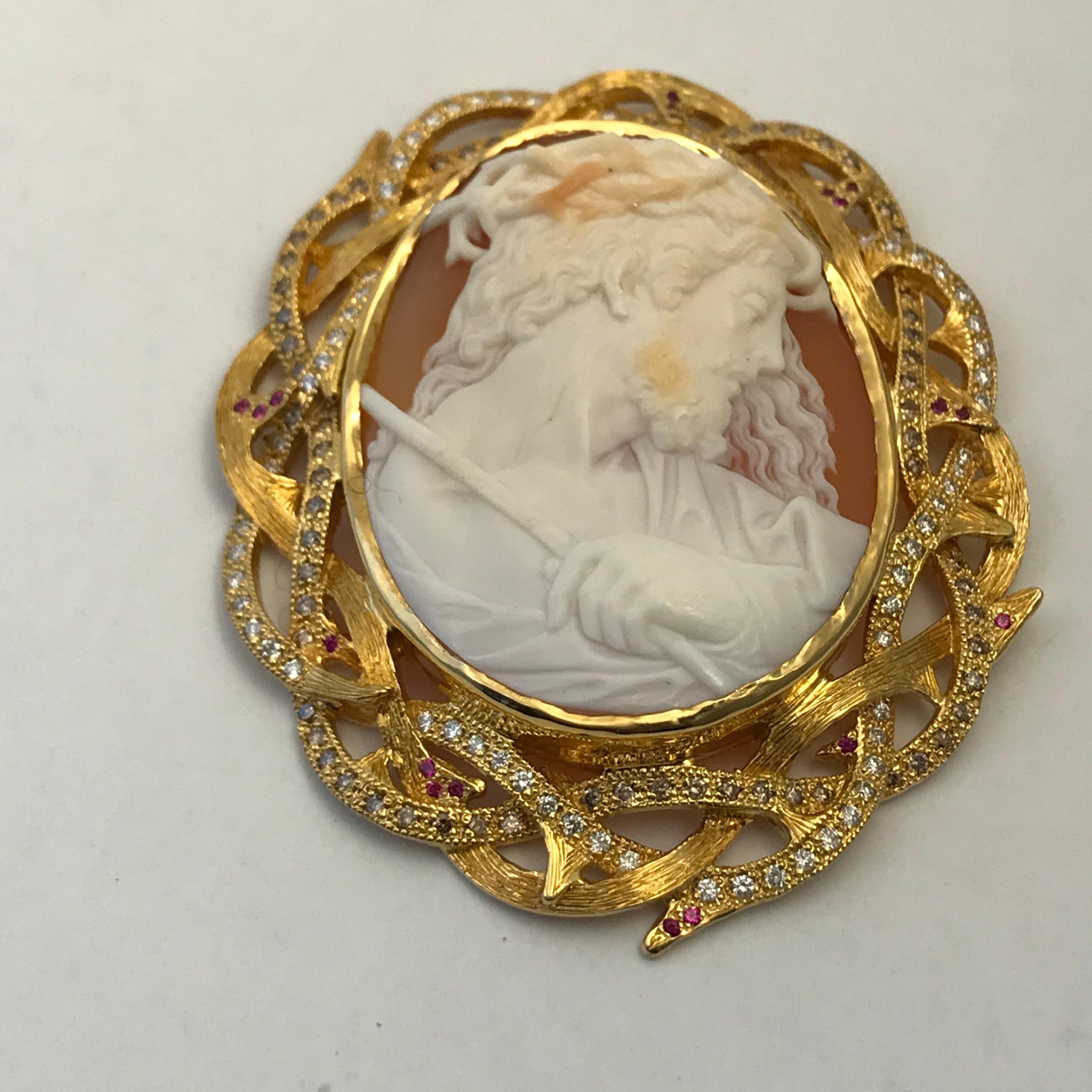 Women's or Men's Cameo 1890s Jesus Set in 14 Karat Gold with Diamonds, Rubies and Brown Diamonds For Sale