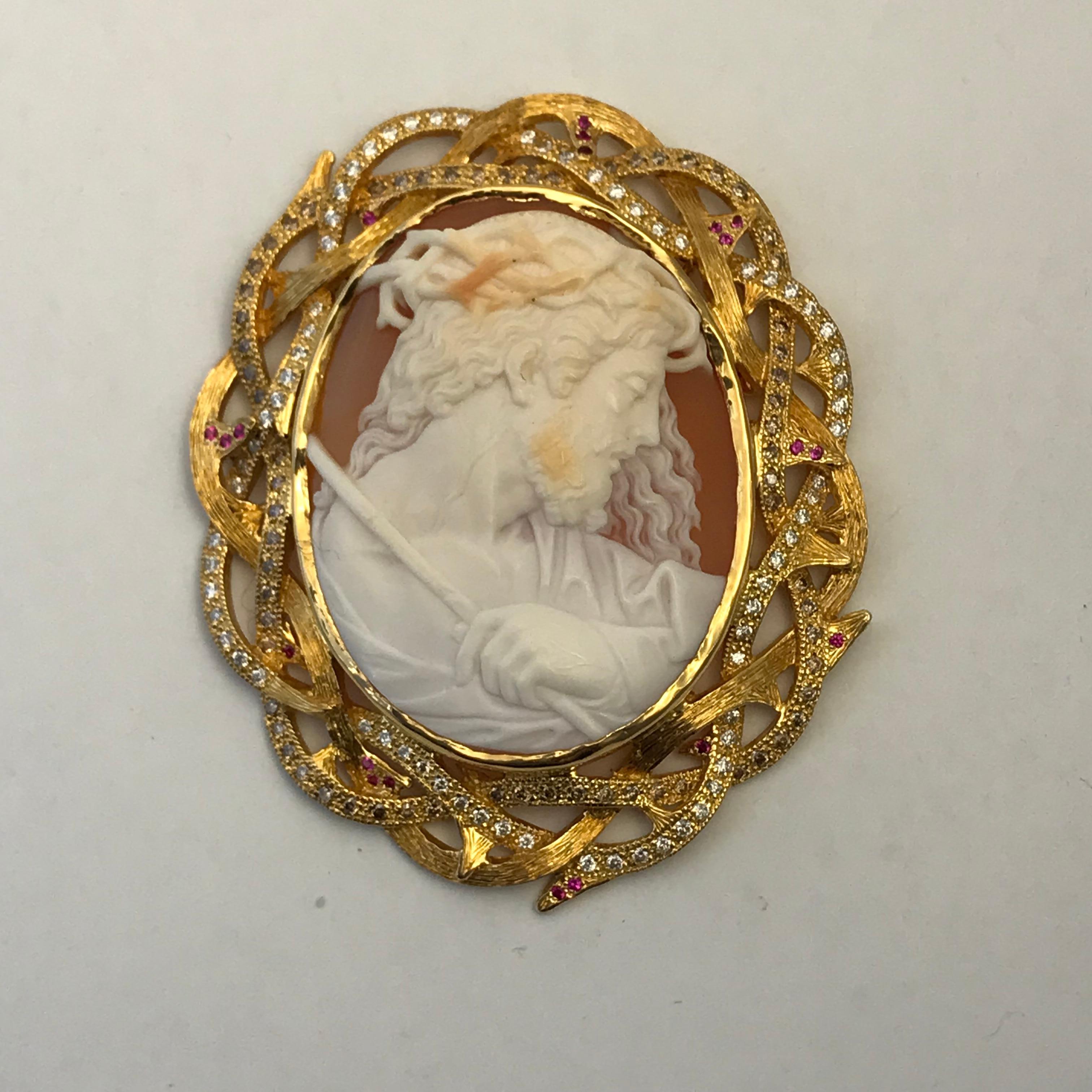 Cameo 1890s Jesus Set in 14K Yellow Gold With Diamonds, Rubies & Brown Diamonds
This is one of the finest carved cameos I have ever seen.
Antique Cameo/pendant-Jesus-1890's. Set in 14k yellow gold, with  1.15 cts Diamonds, .24 cts rubies and .79