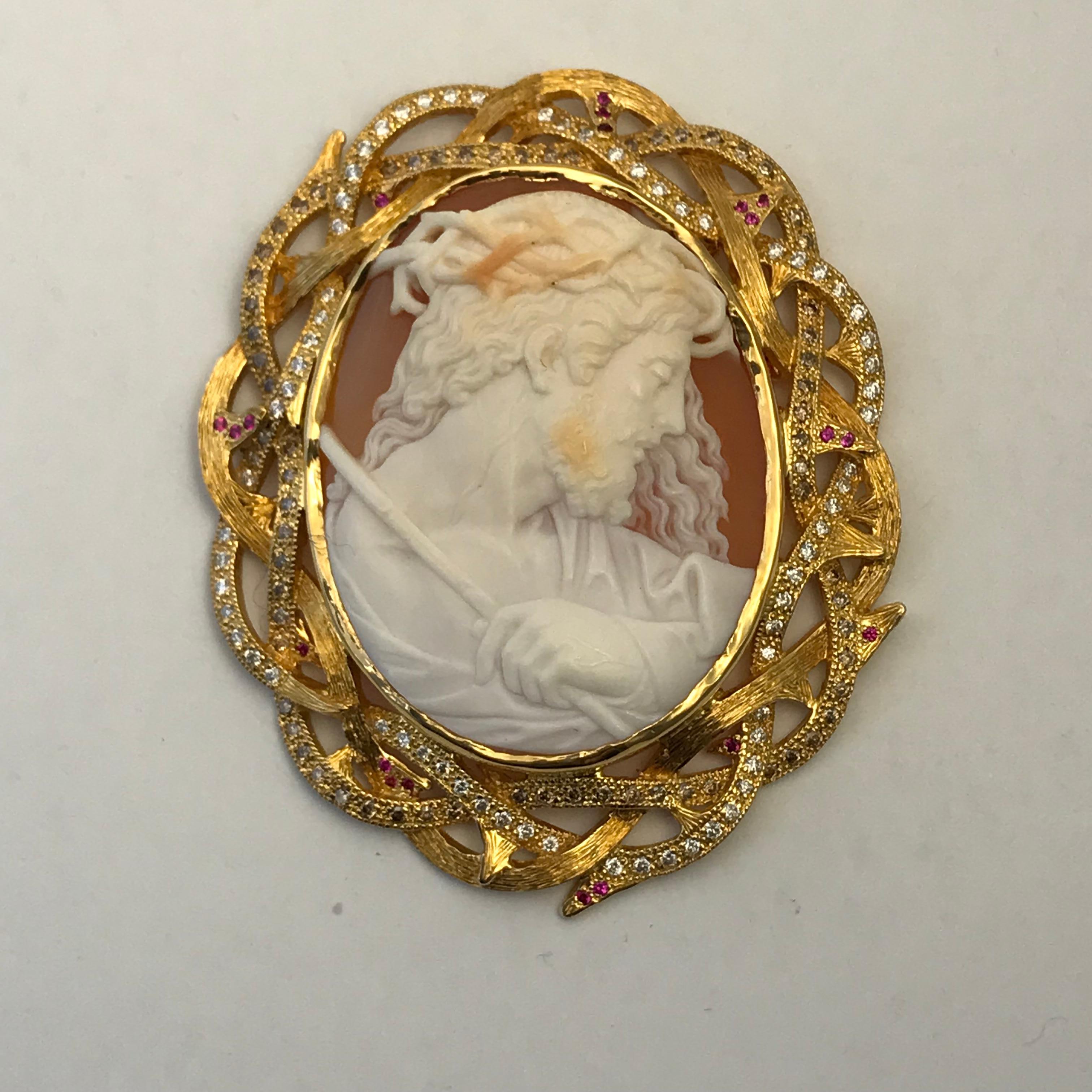 Round Cut Cameo 1890s Jesus Set in 14 Karat Gold with Diamonds, Rubies and Brown Diamonds For Sale