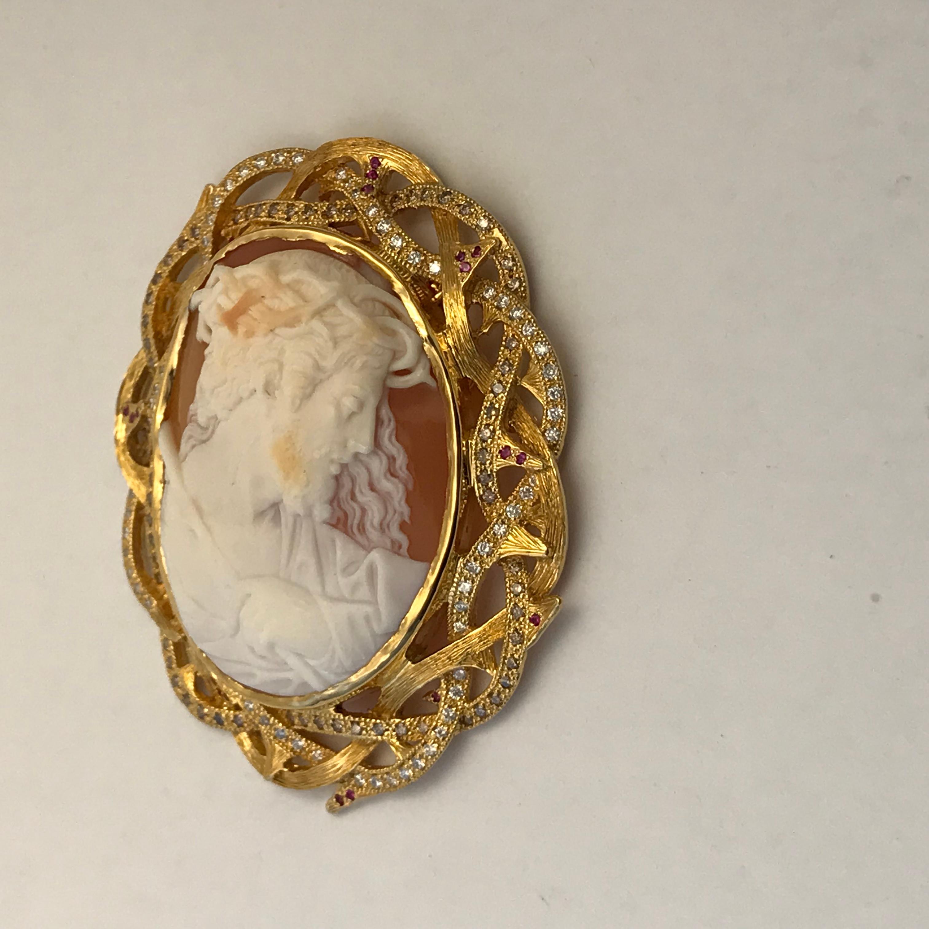 Cameo 1890s Jesus Set in 14 Karat Gold with Diamonds, Rubies and Brown Diamonds For Sale 1