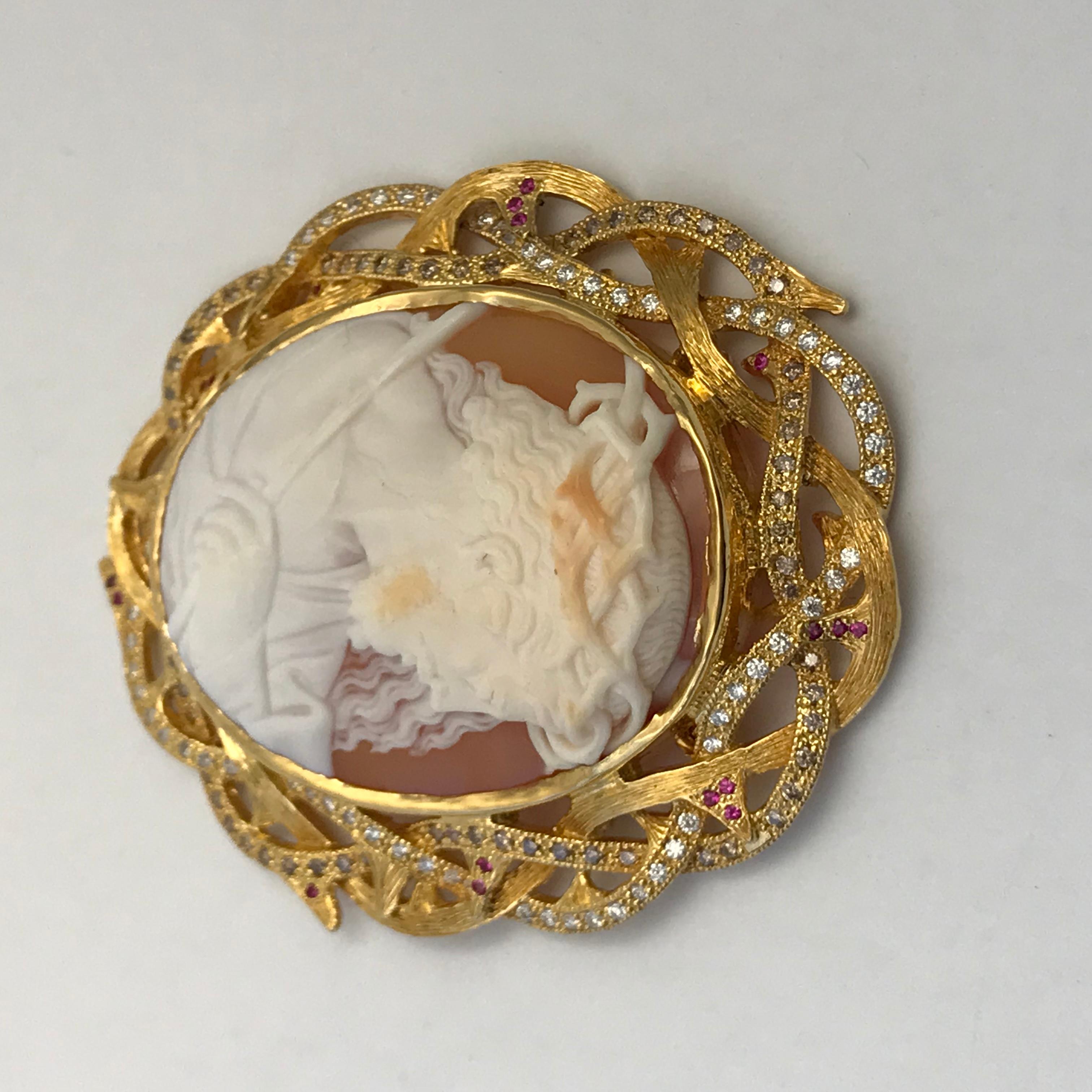 Cameo 1890s Jesus Set in 14 Karat Gold with Diamonds, Rubies and Brown Diamonds For Sale 2
