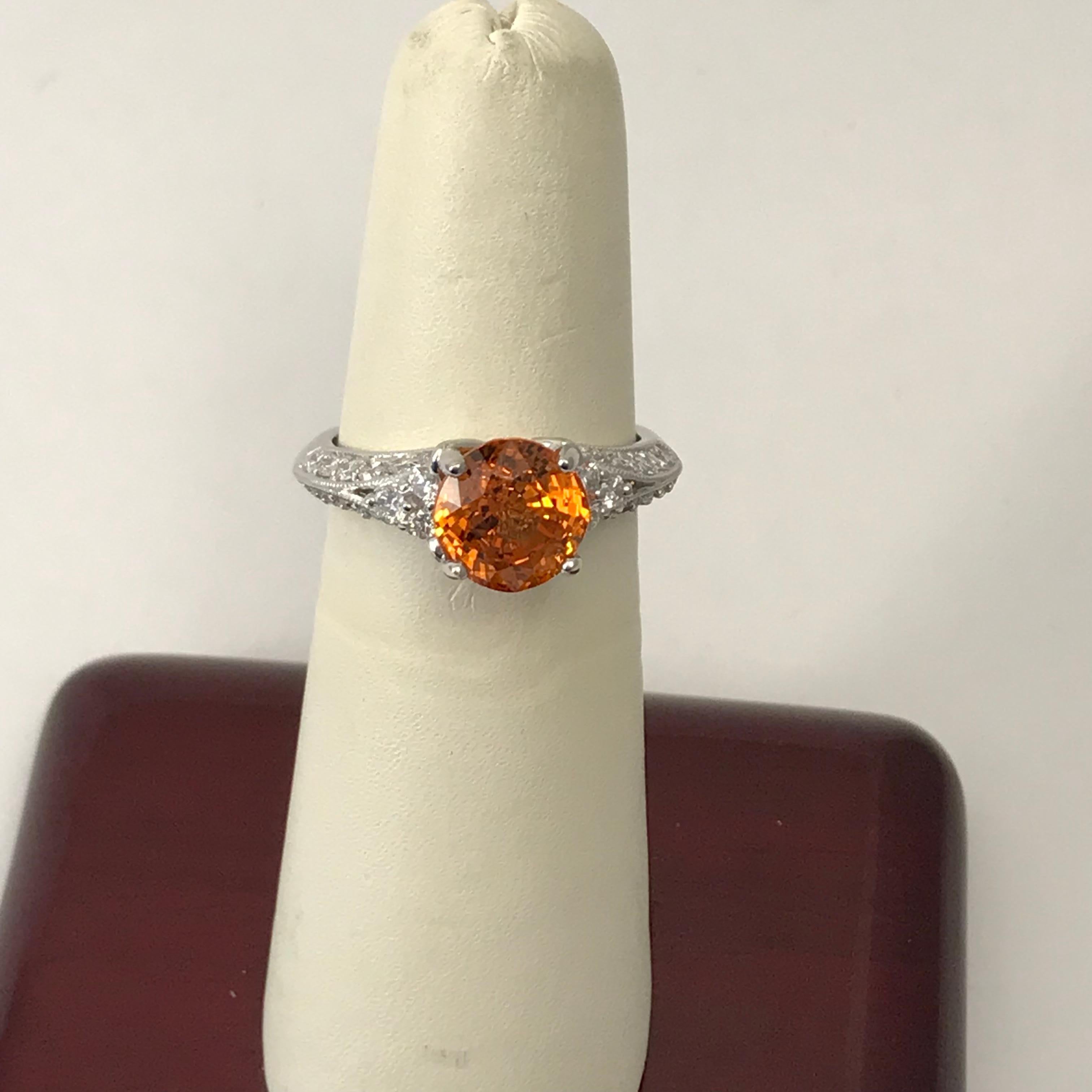 Round Cut 3.31 Carat Orange Spessartite Garnet Ring Set in Platinum For Sale