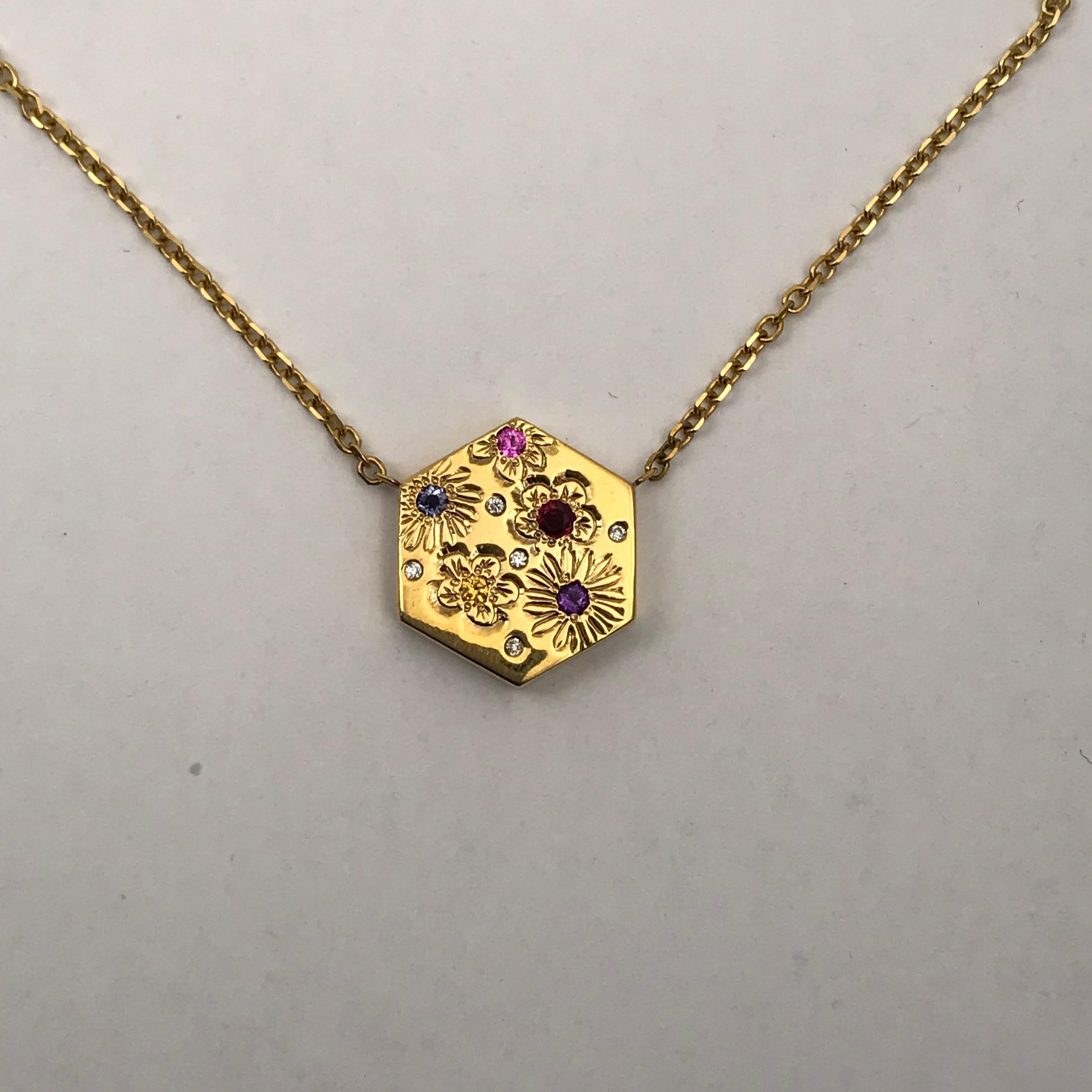 Contemporary Hexagon Necklace in 14 Carat Gold and Gems-Flower Variety For Sale