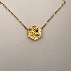 Hexagon Necklace in 14 Carat Gold and Gems-Flower Variety