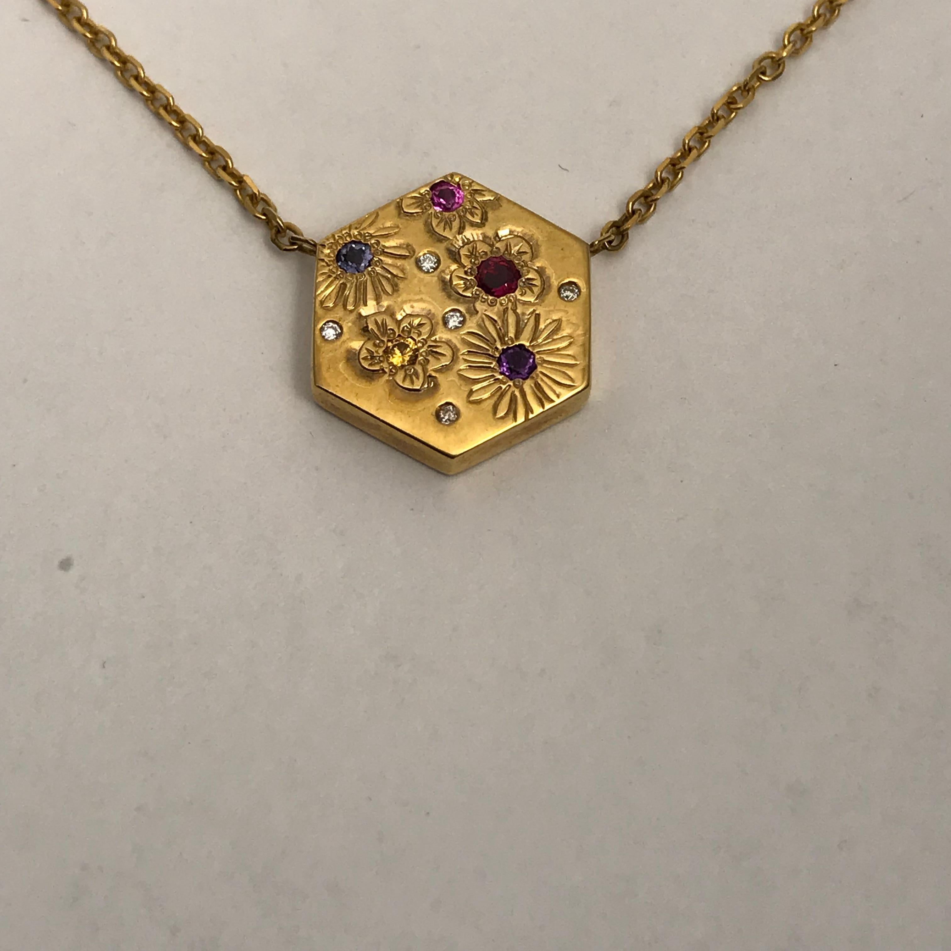 Hexagon Necklace in 14 Carat Gold and Gems-Flower Variety In New Condition For Sale In Austin, TX