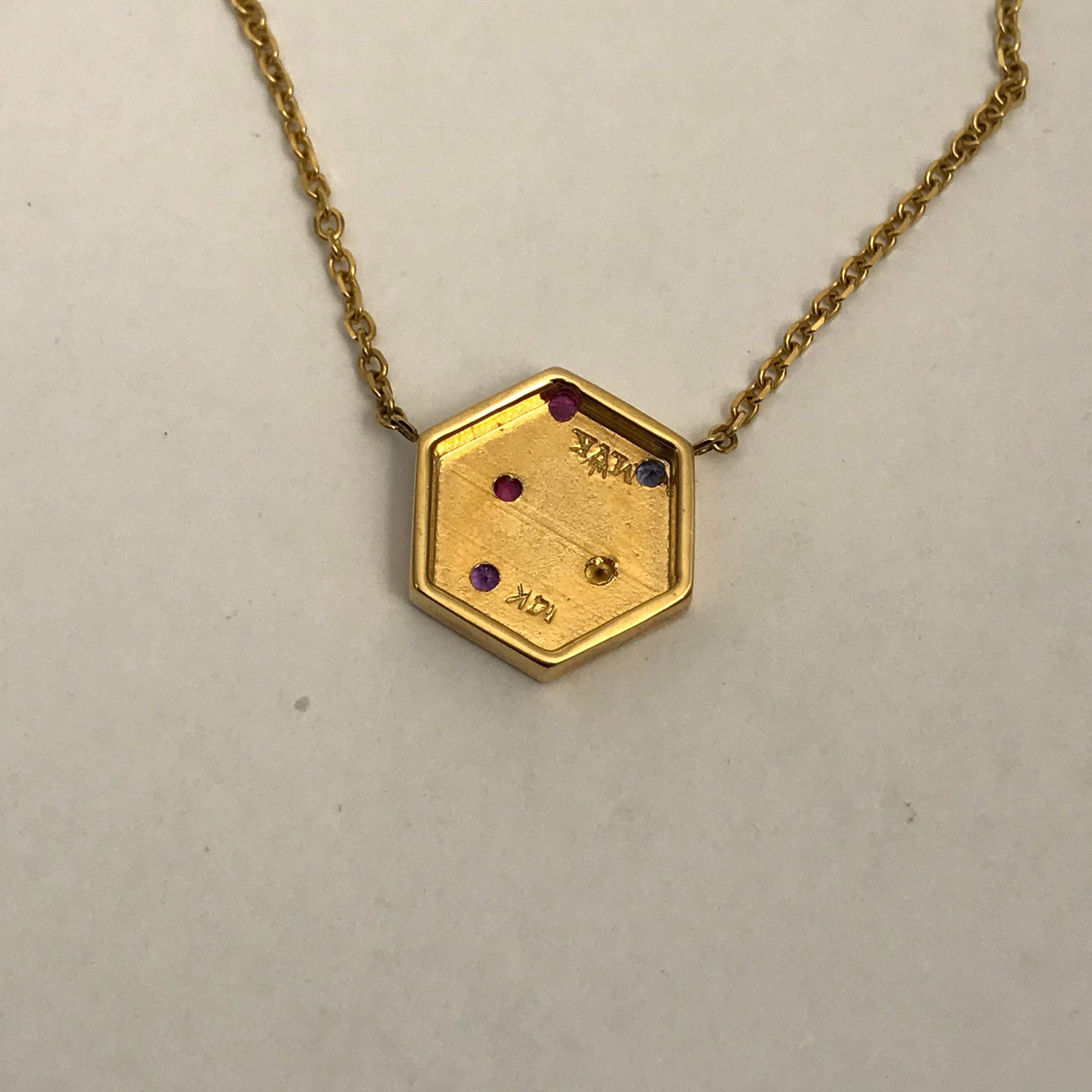 Women's or Men's Hexagon Necklace in 14 Carat Gold and Gems-Flower Variety For Sale