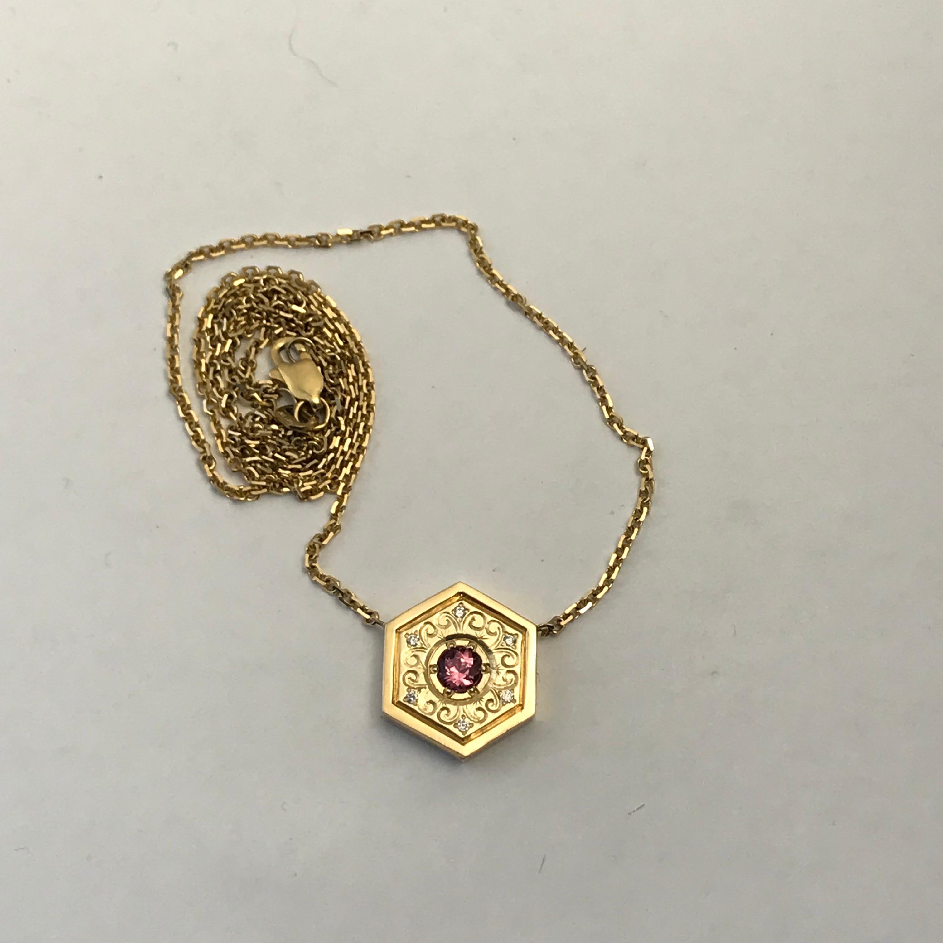 Hexagon Necklace in 14 Karat Gold and Gems-Pink Sapphire Flower For Sale 2
