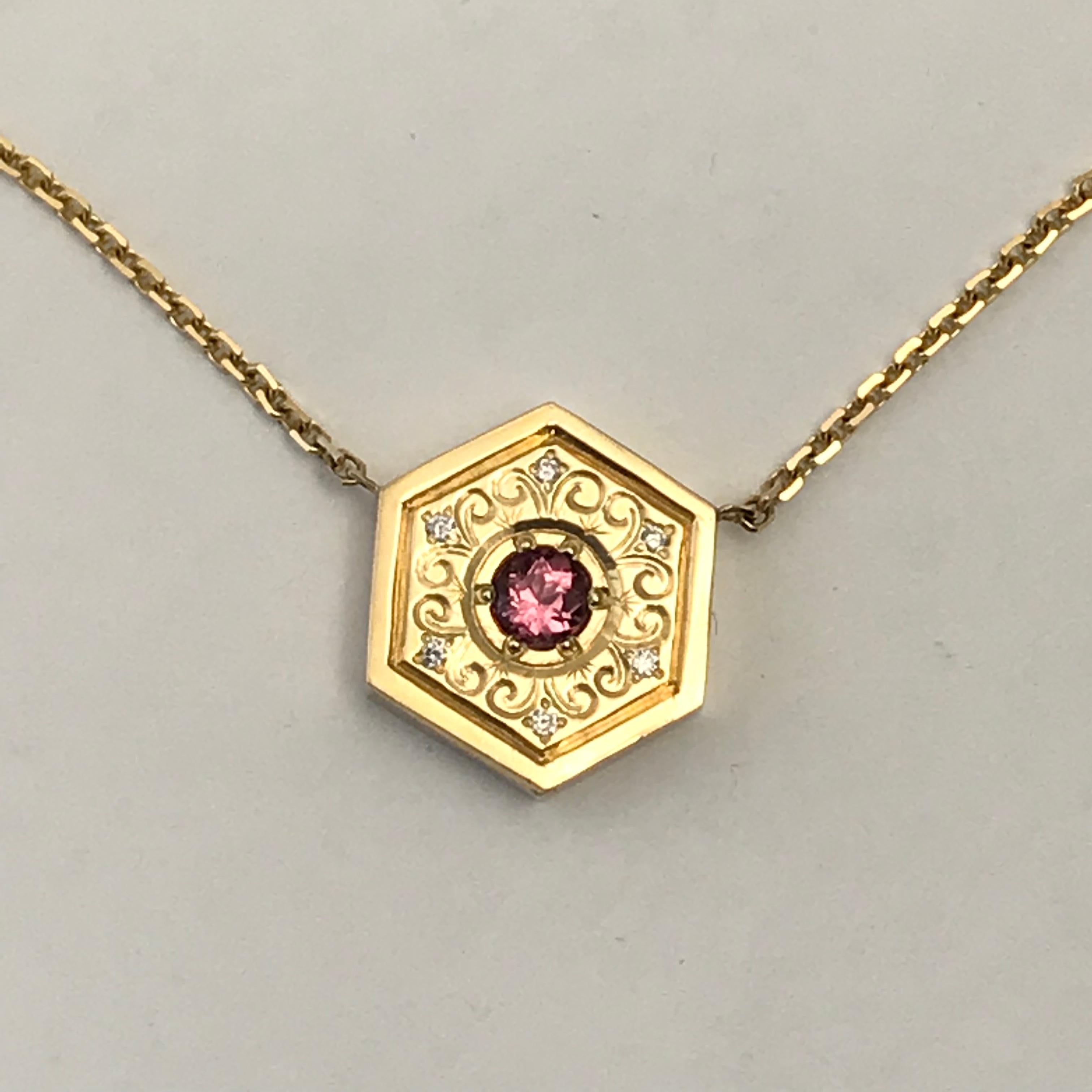 Round Cut Hexagon Necklace in 14 Karat Gold and Gems-Pink Sapphire Flower For Sale