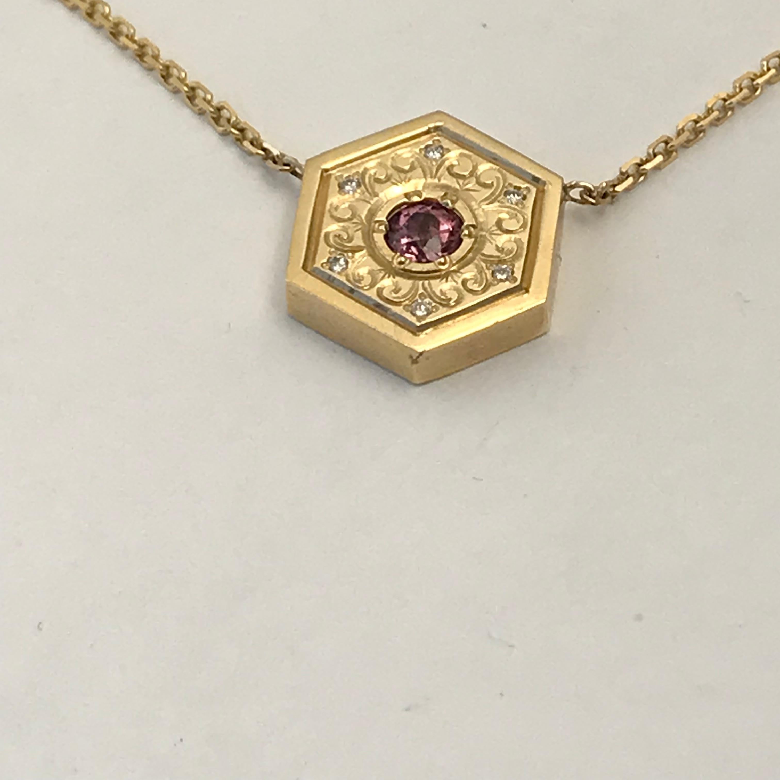 Hexagon Necklace in 14 Karat Gold and Gems-Pink Sapphire Flower In New Condition For Sale In Austin, TX